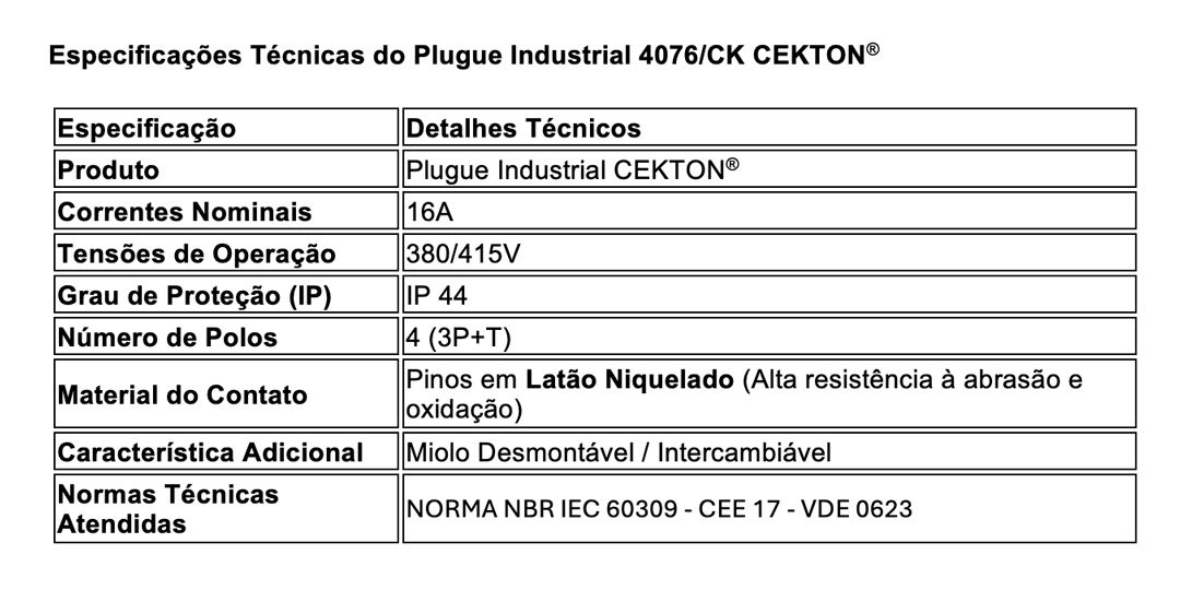 Especificações Técnicas Plugue 4076/CK