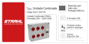 Unidade Combinada STRAHL | 6 Tomadas 20A Padrão Brasileiro | Disjuntor Bipolar 32A | IP43