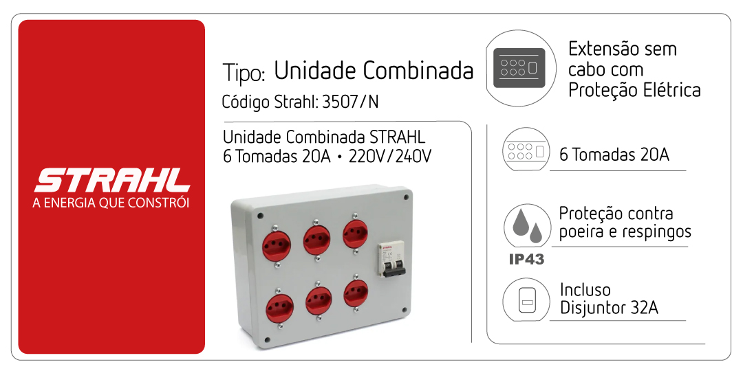 Unidade Combinada STRAHL | 6 Tomadas 20A Padrão Brasileiro | Disjuntor Bipolar 32A | IP43